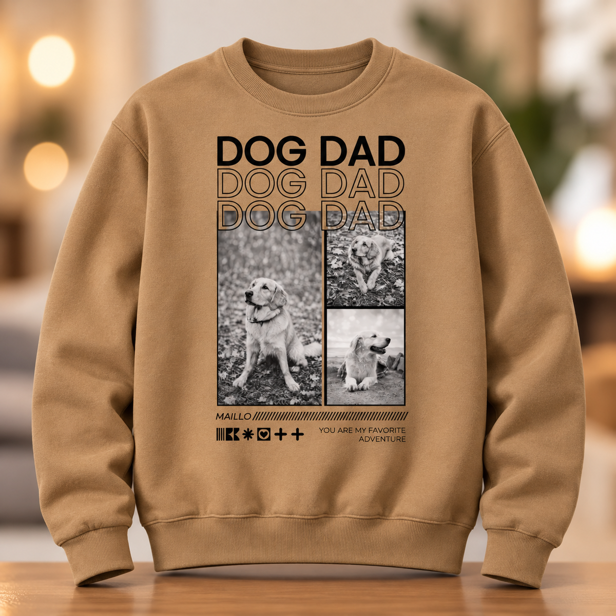 Beige sweater met opdruk "DOG DAD" en drie zwart-witfoto's van een hond.