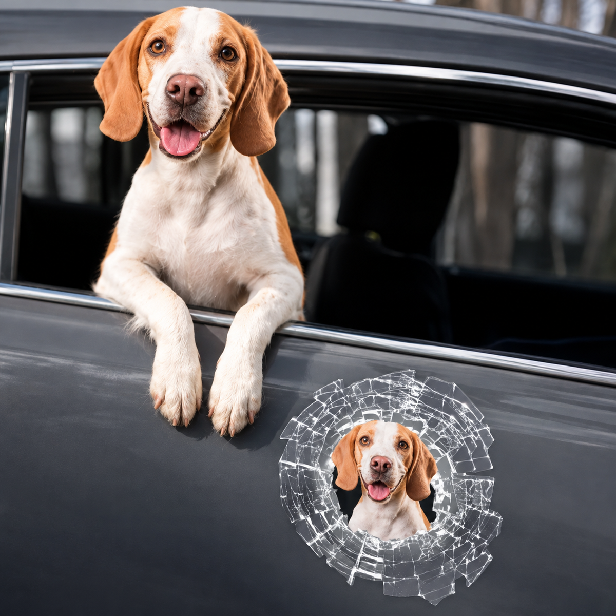 Autocollant de voiture avec un chien qui regarde dans un design verre brisé, sur une vitre de voiture grise.