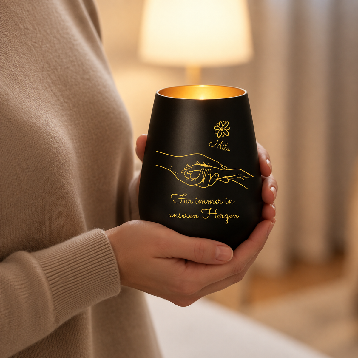 Gepersonaliseerde zwarte herdenkingskaars met gouden tekst en handmotief, in de hand gehouden.