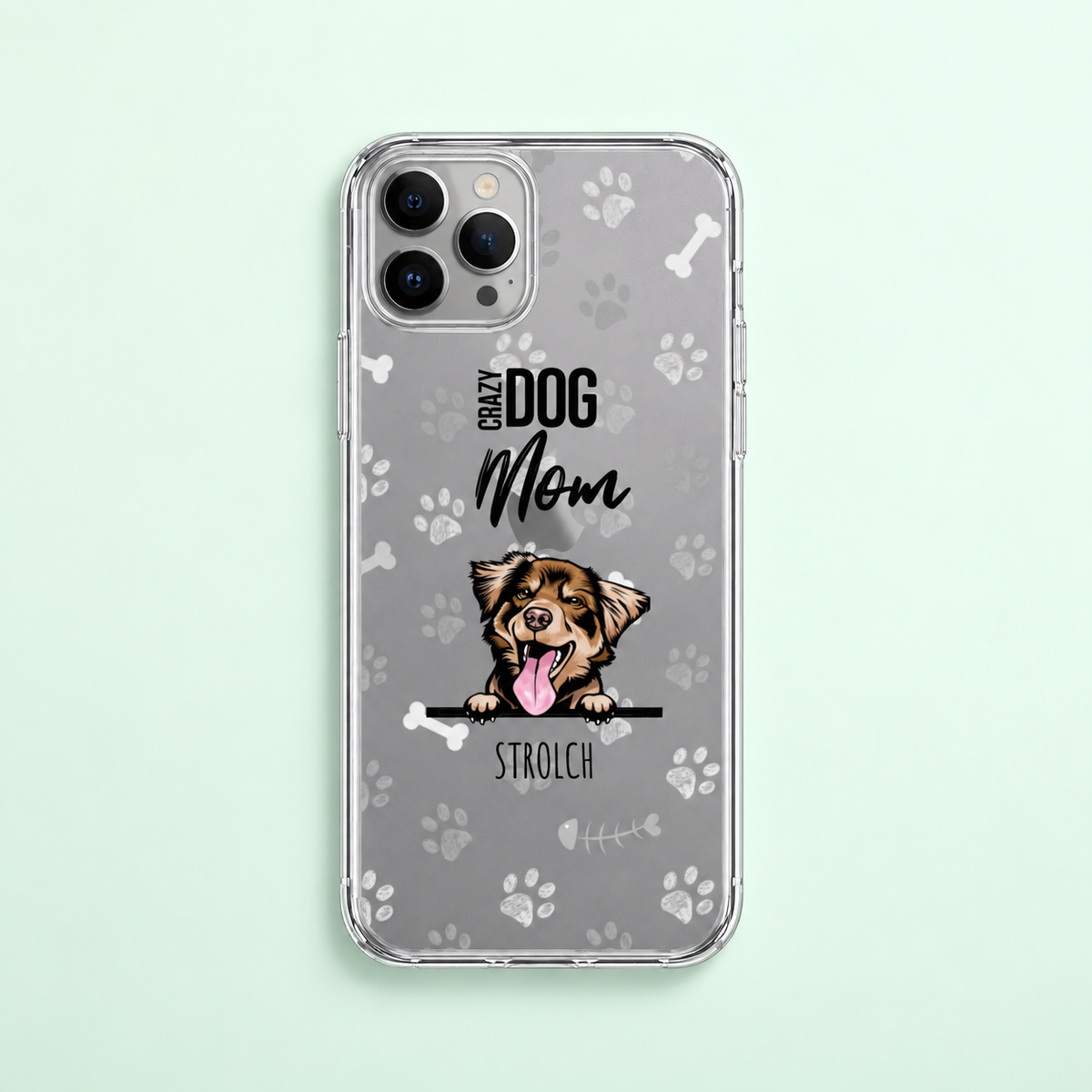 Gepersonaliseerd transparant telefoonhoesje met hondenmotief en grijze pootafdrukken.