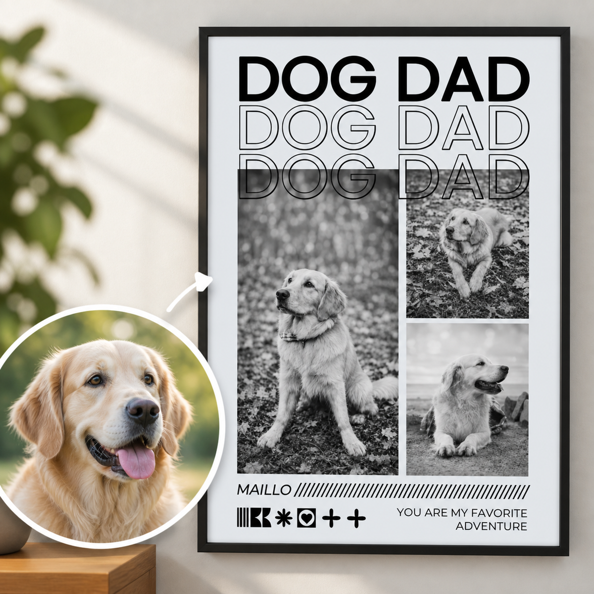 Personaliseerbare poster met de tekst "Dog Dad" en zwart-witfoto's van een golden retriever.
