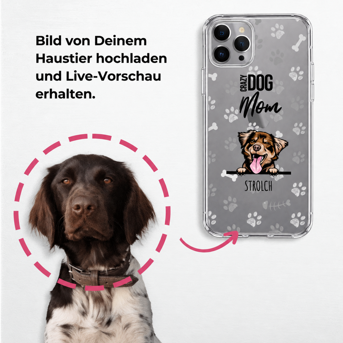 Gepersonaliseerd telefoonhoesje met hondenmotief en grijze pootafdrukken. Ontwerp voor huisdierouders.