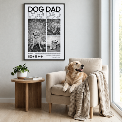 Poster met de tekst "DOG DAD" en foto's van een hond. Houten lijst en moderne woonkamer met hond en fauteuil.