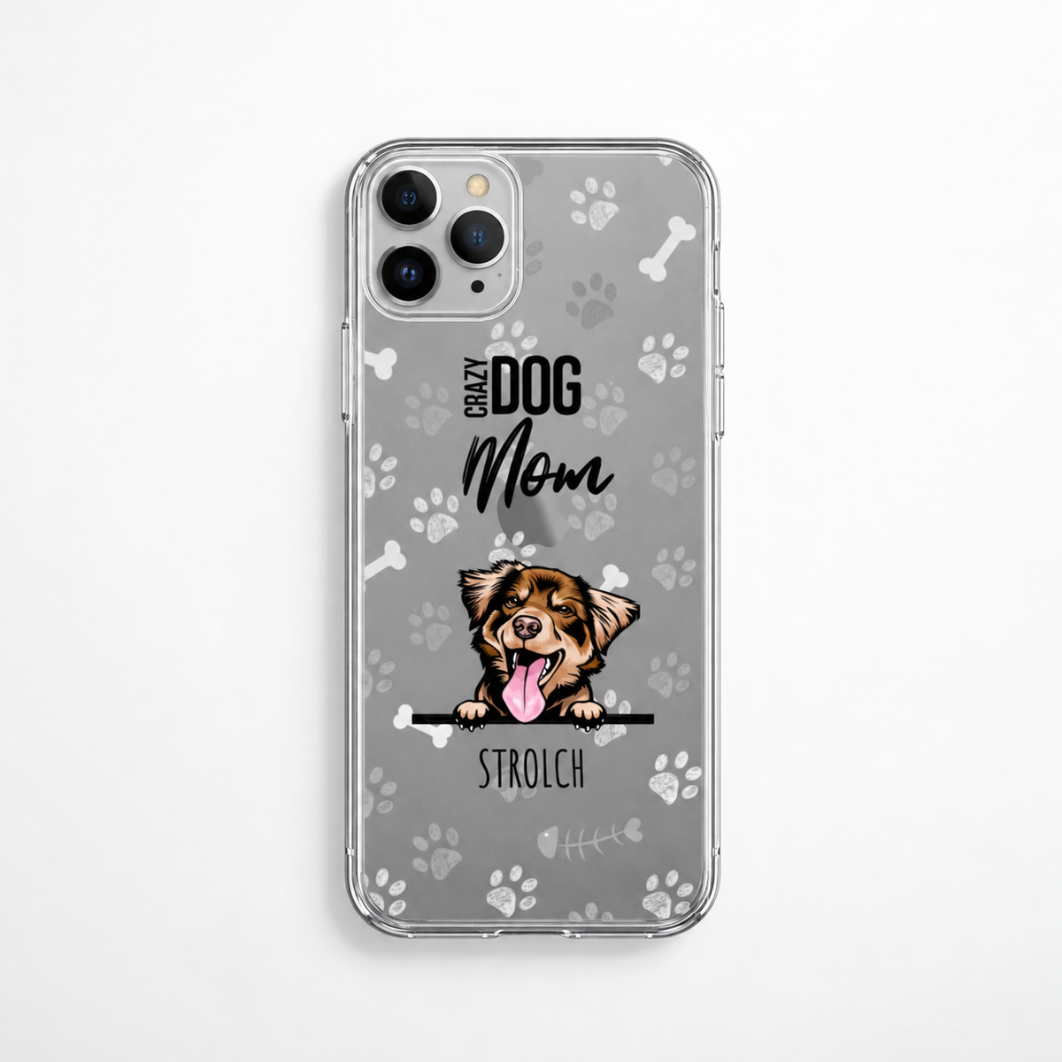 Gepersonaliseerd telefoonhoesje met transparante achtergrond, hondenpootjes en cartoonhondontwerp.