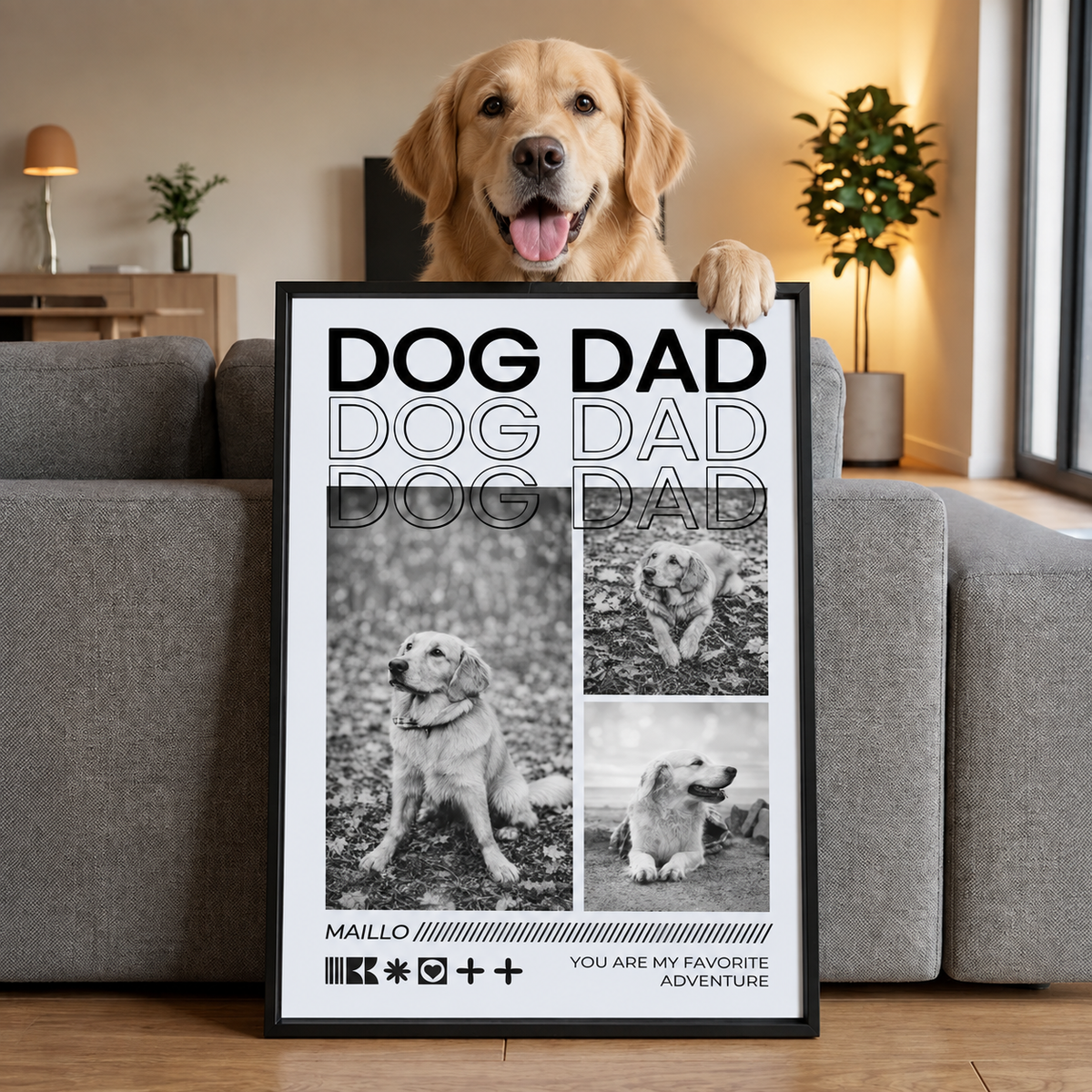 Gepersonaliseerde poster met de tekst "Dog Dad" en foto's van een hond in verschillende poses.