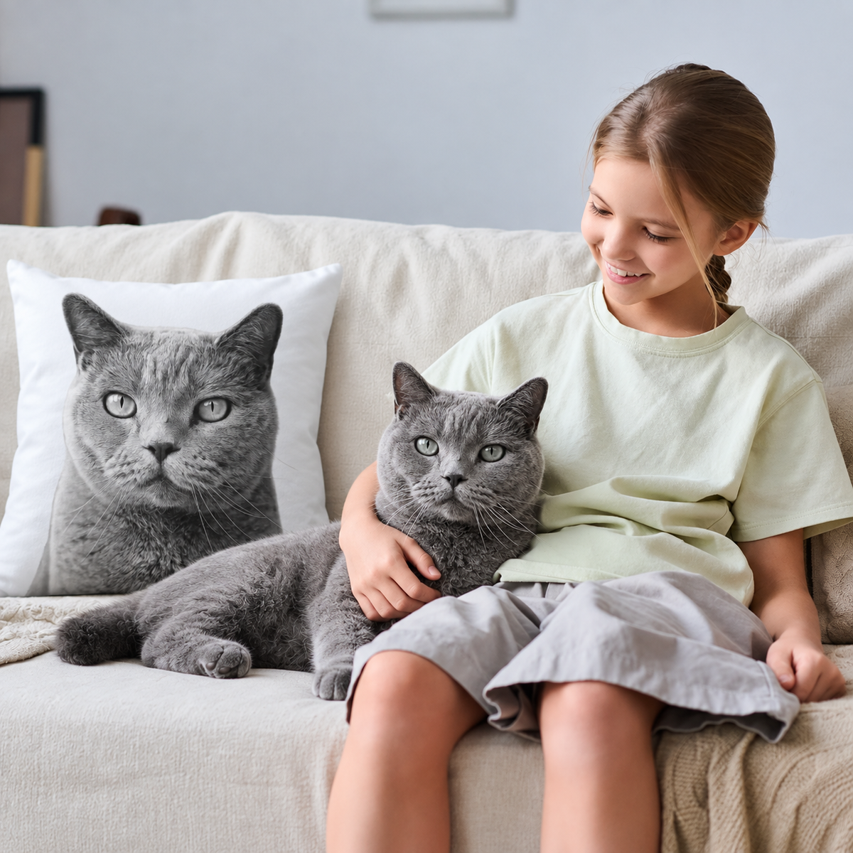 Kussen met grijze kattenprint op een lichte bank, een meisje zit naast een grijze kat.