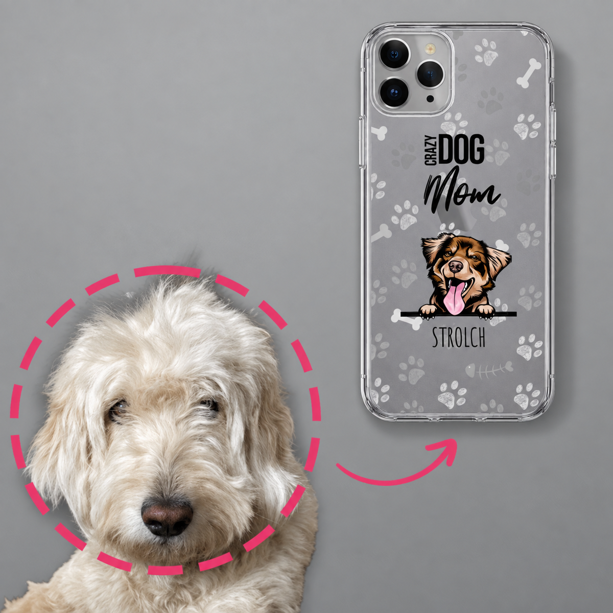 Gepersonaliseerd telefoonhoesje met hondenmotief in grijstinten, transparant materiaal, ideaal voor huisdierouders.