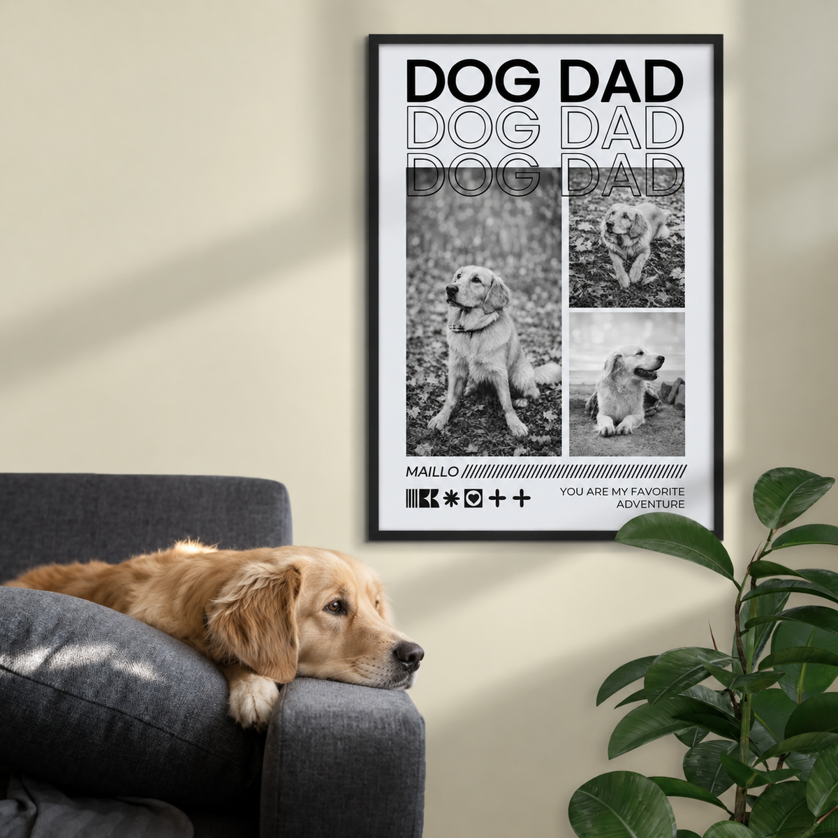 Ingelijste poster met "DOG DAD" en drie zwart-witfoto's van een hond, naast een hond op een bank.