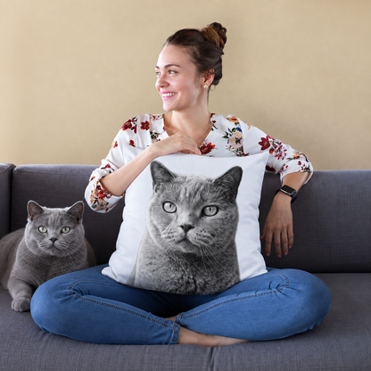 Kussen met zwart-wit kattenportret, persoon zit op een bank en houdt het kussen vast.