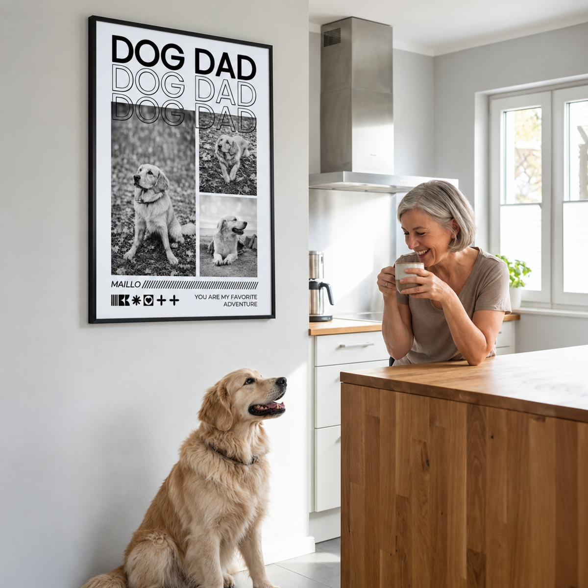 Gepersonaliseerde wanddecoratie met hondenfoto's en de tekst "DOG DAD" in zwart-witontwerp.