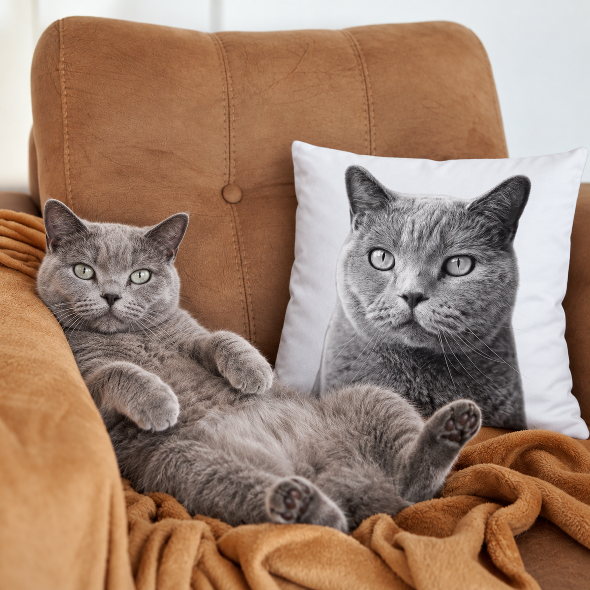 Kattenportret op kussen, grijs kussen met bedrukte kattenfoto, naast een kat op een bank.