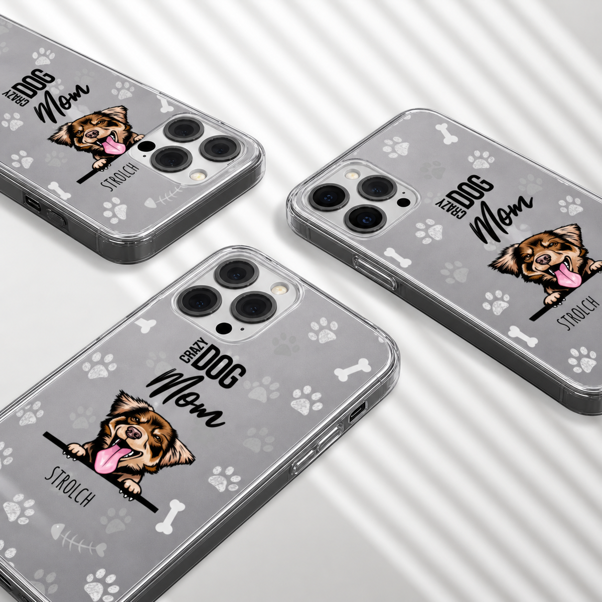Gepersonaliseerd telefoonhoesje met hondenmotief, transparante achtergrond, grijs met pootjes en botjes.