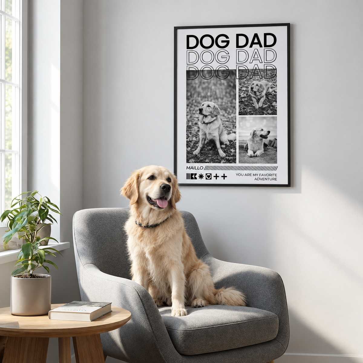 Gepersonaliseerde zwart-witposter met de tekst "DOG DAD", foto's van een hond, ingelijst.