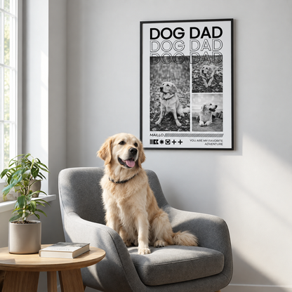 Gepersonaliseerde zwart-witposter met de tekst "DOG DAD", foto's van een hond, ingelijst.