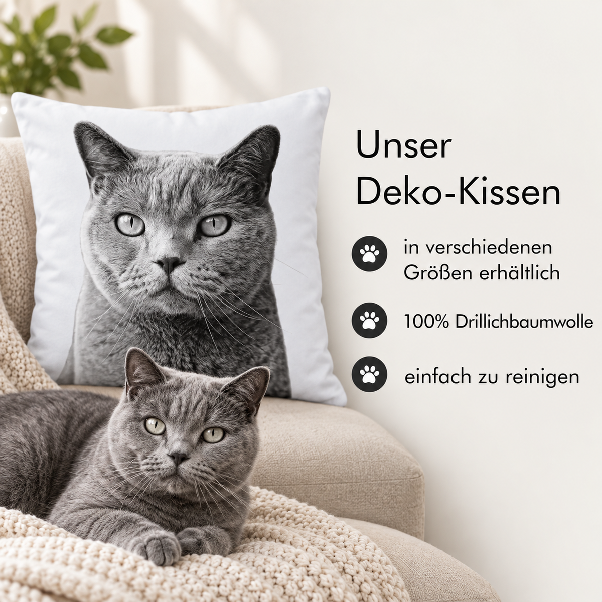 Kussen met grijs huisdierportret en een echte grijze kat op een gezellige fauteuil.