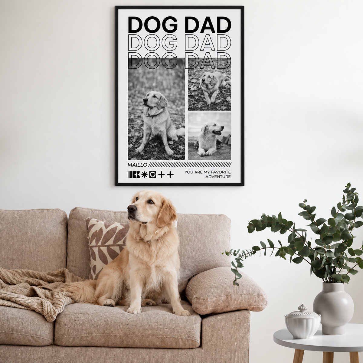 Gepersonaliseerde posters met de tekst "Dog Dad" en foto's van een hond in een mooie woonkamer.