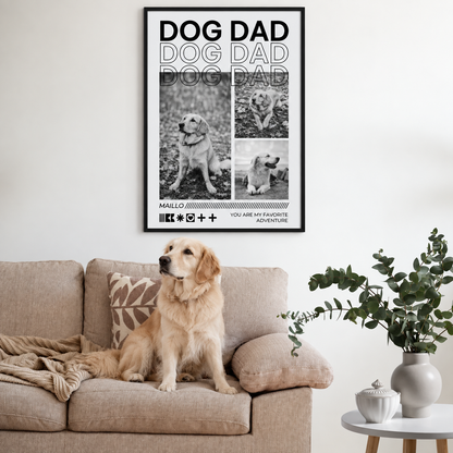 Gepersonaliseerde posters met de tekst "Dog Dad" en foto's van een hond in een mooie woonkamer.