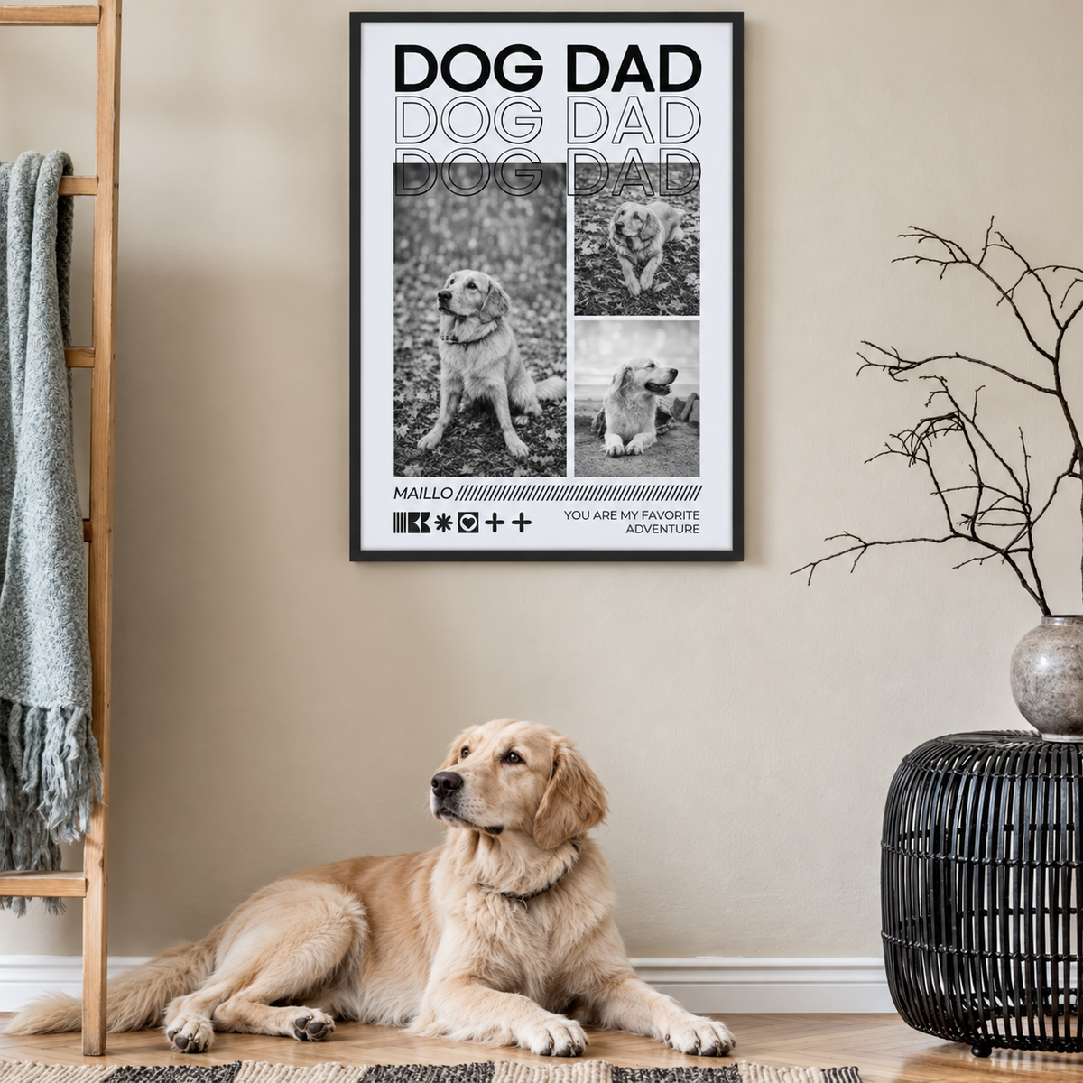 Lijst met gepersonaliseerde "Dog Dad"-poster en drie foto's van een hond, naast een liggende golden retriever.