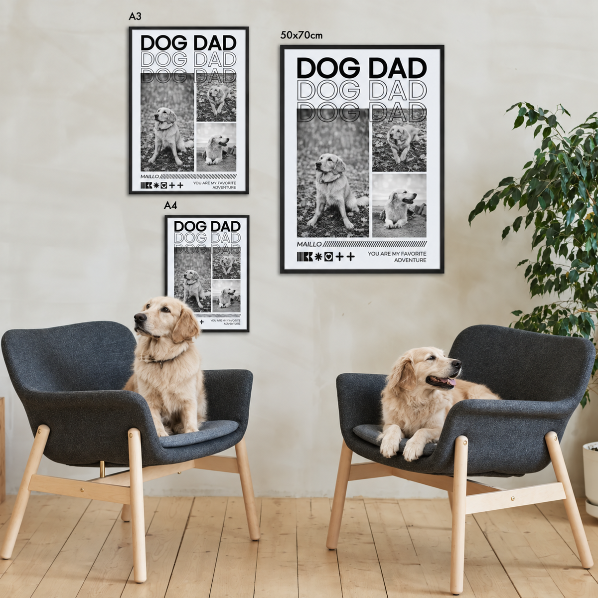 Drie gepersonaliseerde Dog Dad-posters in verschillende formaten, zonder lijst aan de muur. Twee honden op grijze fauteuils.