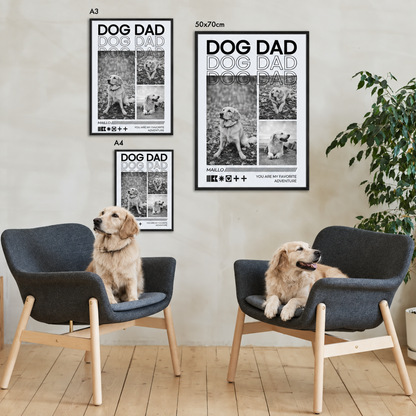Drie gepersonaliseerde Dog Dad-posters in verschillende formaten, zonder lijst aan de muur. Twee honden op grijze fauteuils.