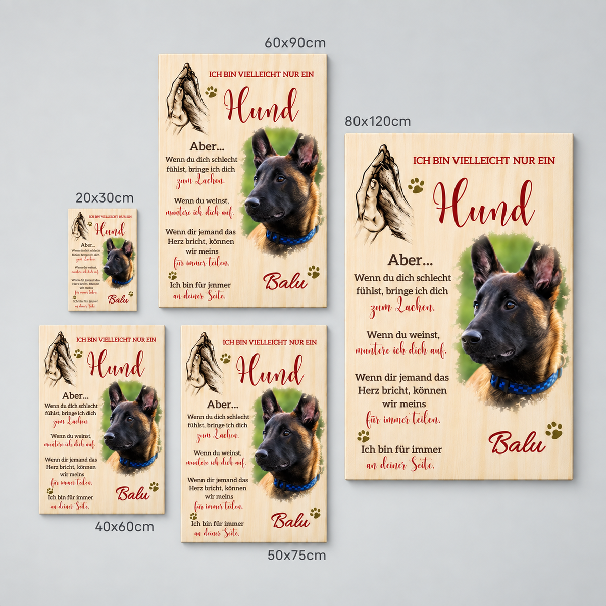 Gepersonaliseerde canvassen in verschillende formaten met hondenmotief en emotionele tekst. Houtlook, veelzijdig.