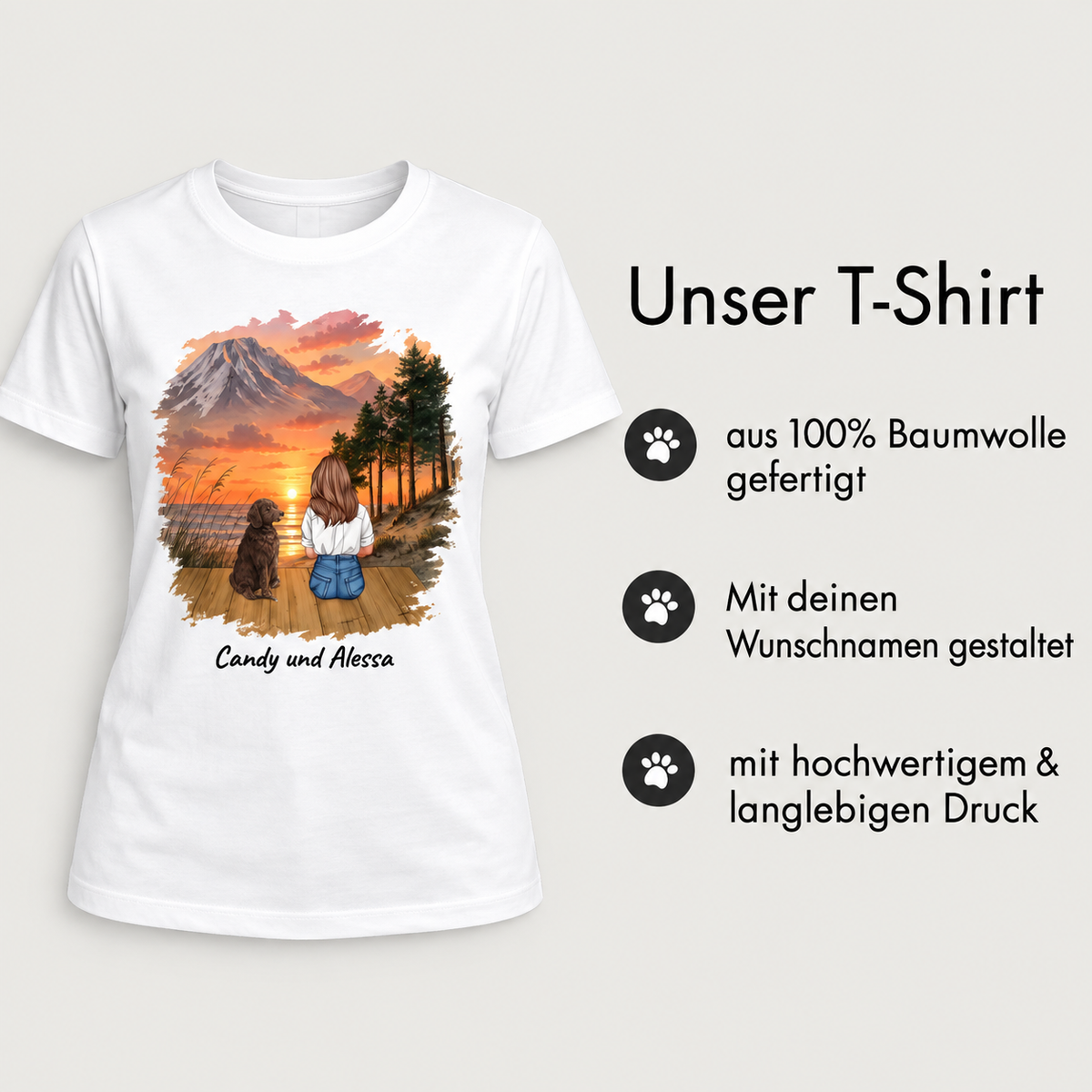 Wit T-shirt van 100% katoen met personaliseerbare print van een persoon en hond bij zonsondergang.