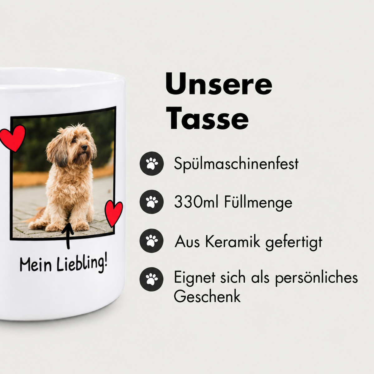 Gepersonaliseerde keramische mok met hondenfoto en de tekst "Mein Liebling!", vaatwasserbestendig, 330 ml.