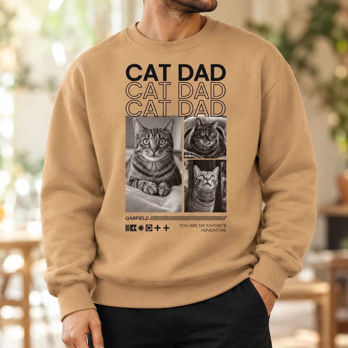 Beige sweater met opdruk "Cat Dad" en foto's van katten, losse pasvorm, katoen.