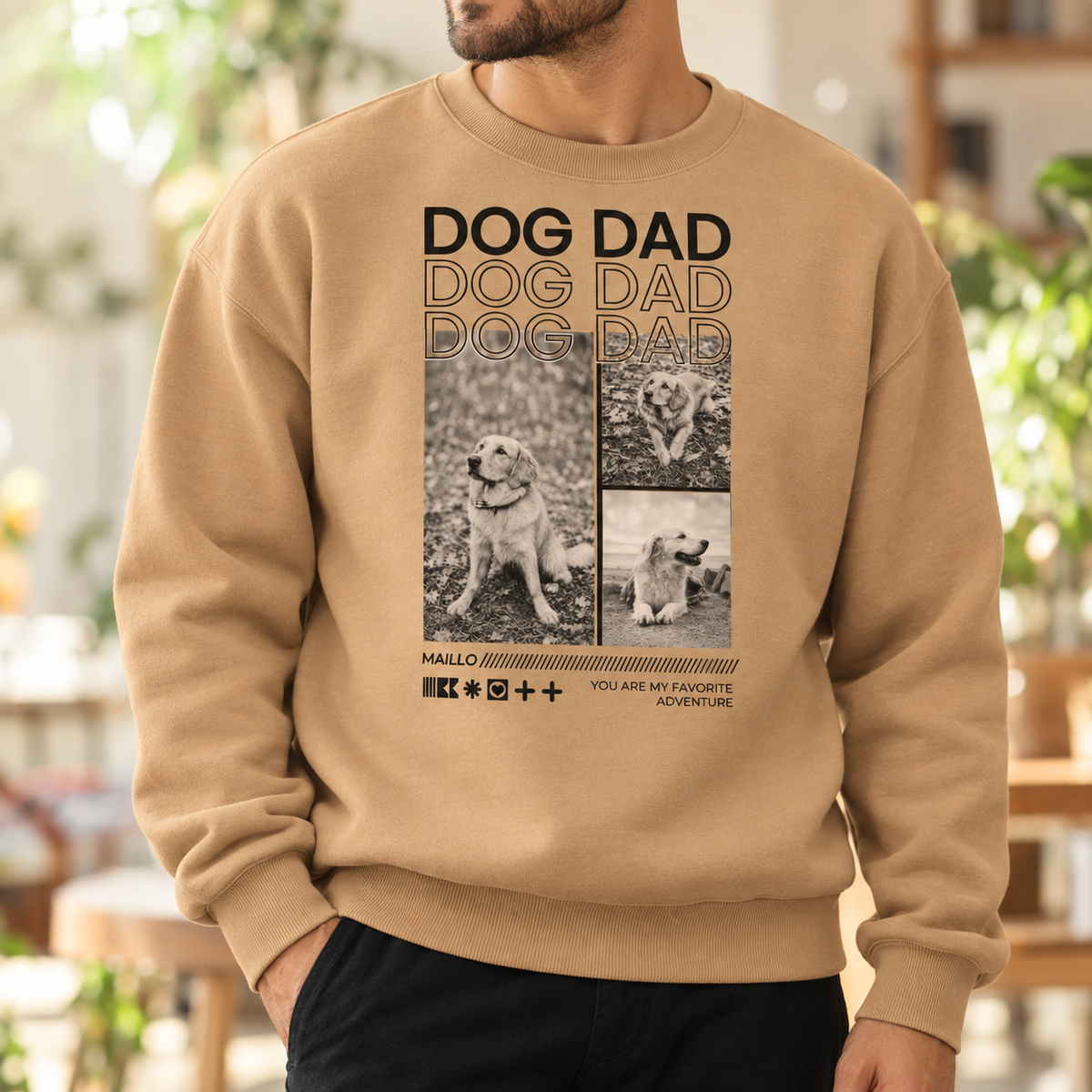 Beige sweater met Dog Dad-motief en foto's van honden. Katoenmix, losse pasvorm.