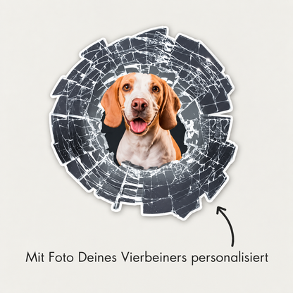 Autocollant de voiture personnalisé avec photo d'un chien, au design verre brisé.