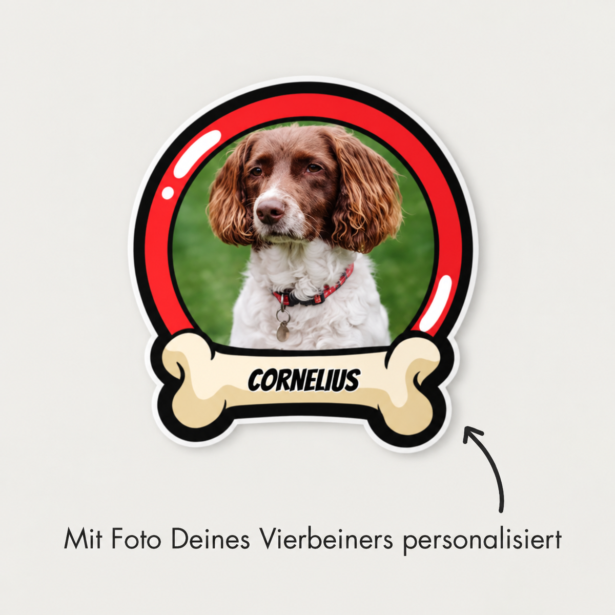 Autocollant de voiture personnalisé avec photo de chien et nom, en rouge et blanc.