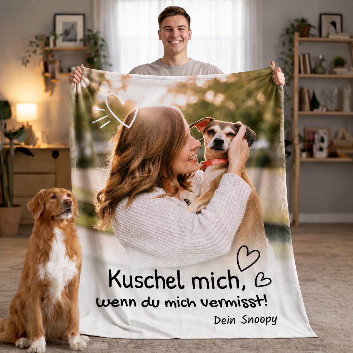 Gepersonaliseerde deken met hondenfoto en tekst in hartvorm, zacht materiaal, gezellig ontwerp.