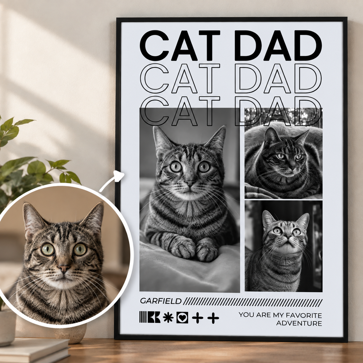 Poster personnalisé avec quatre photos de chats en noir et blanc et l'inscription "Cat Dad". Œuvre dans un cadre noir.