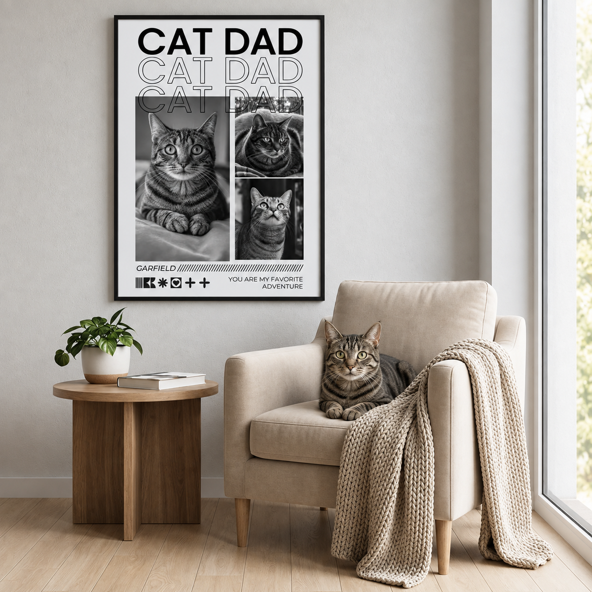 Poster personnalisable encadré avec photos de chats noir et blanc et l'inscription "Cat Dad".