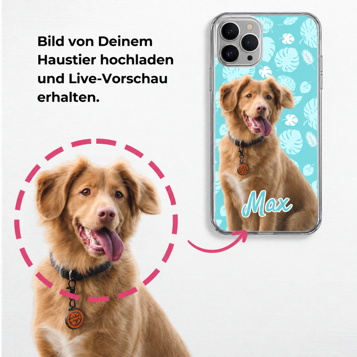 Coque de téléphone avec photo d'un chien et fond à motifs colorés, personnalisable avec un nom.
