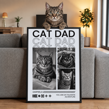 Chat assis sur un poster personnalisé avec l'inscription "CAT DAD" et des photos de différents chats.
