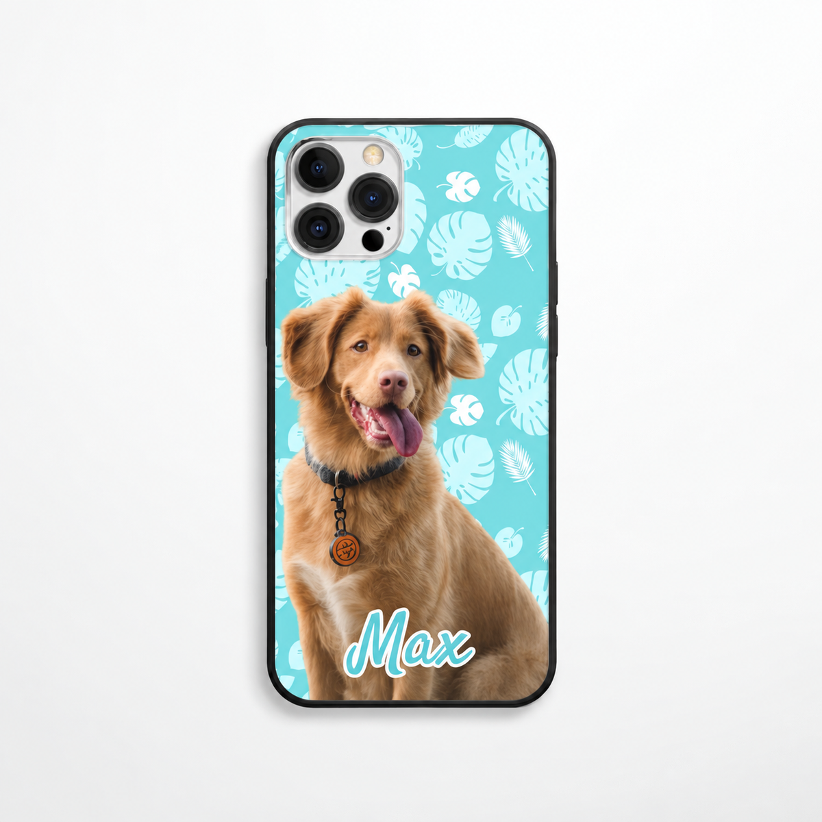Coque de téléphone personnalisée avec photo de chien et motif de feuilles turquoise. Nom "Max" en blanc.
