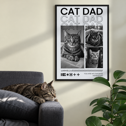 Poster personnalisé intitulé "Cat Dad" avec des photos de chats en noir et blanc, encadré.