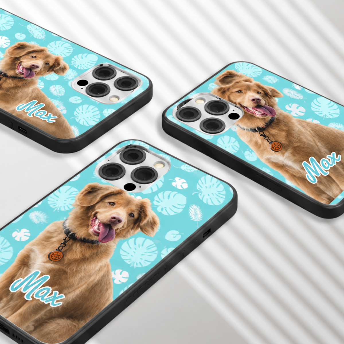 Trois coques de téléphone personnalisées avec photos d'un chien et motif turquoise.