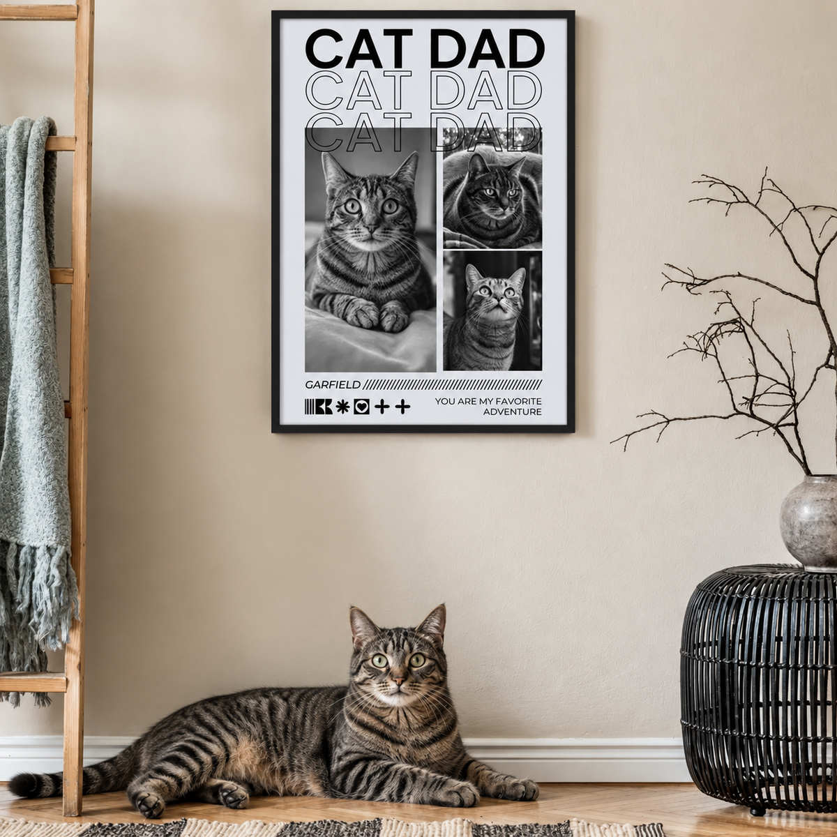 Poster personnalisé pour amoureux des chats avec photos de chats et le texte "Cat Dad" en noir et blanc.