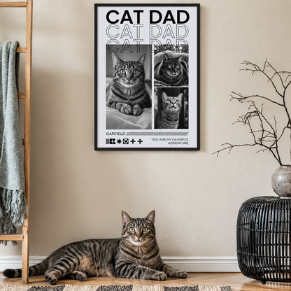 Poster personnalisé pour amoureux des chats avec photos de chats et le texte "Cat Dad" en noir et blanc.