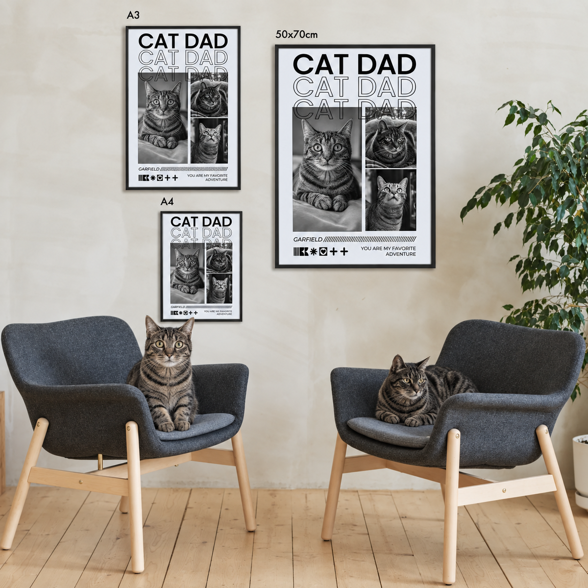 Poster personnalisé avec l'inscription "Cat Dad" et des photos de chats, dans un cadre noir.