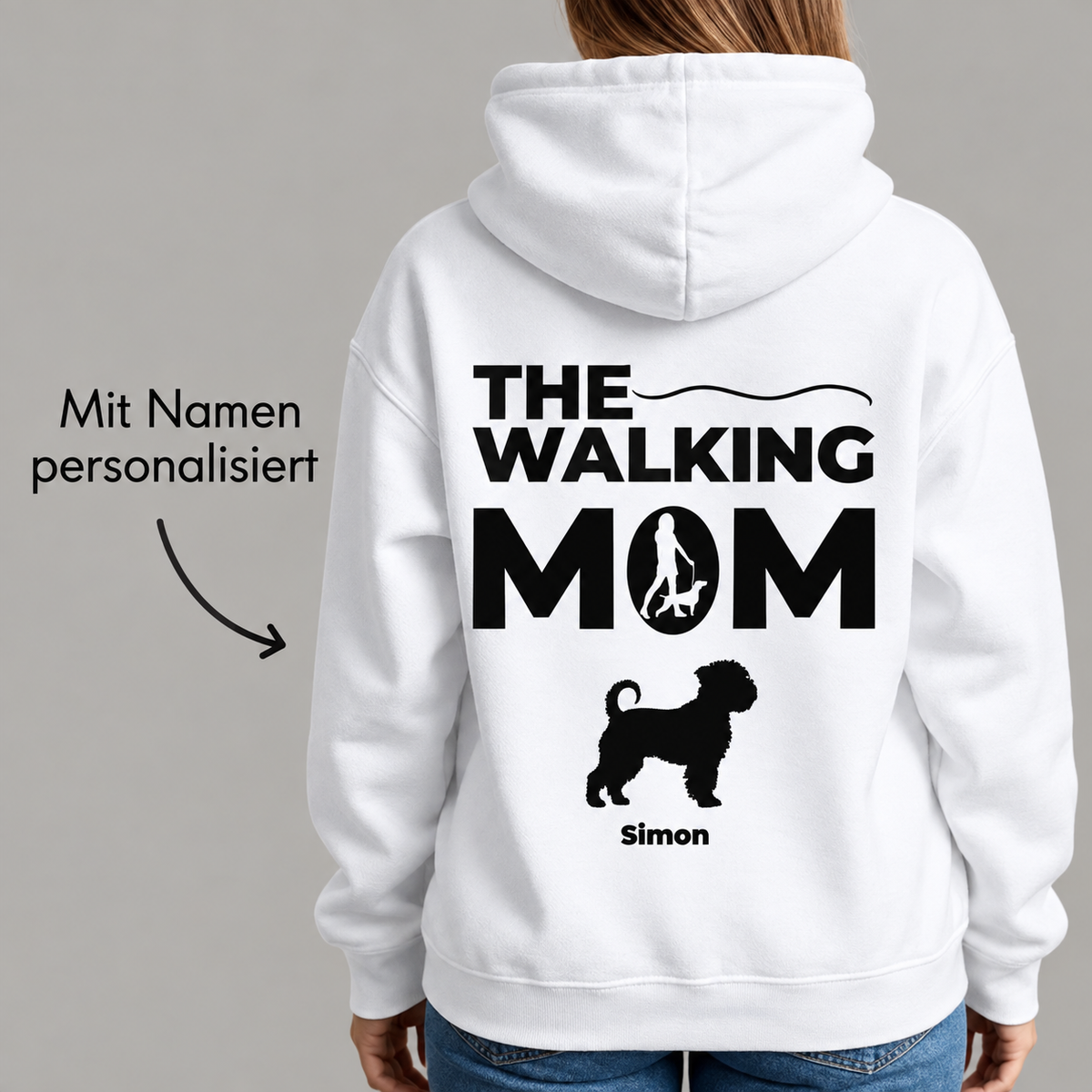 Witte hoodie met de tekst "THE WALKING MOM" en een hondensymbool, gepersonaliseerd met de naam "Simon".