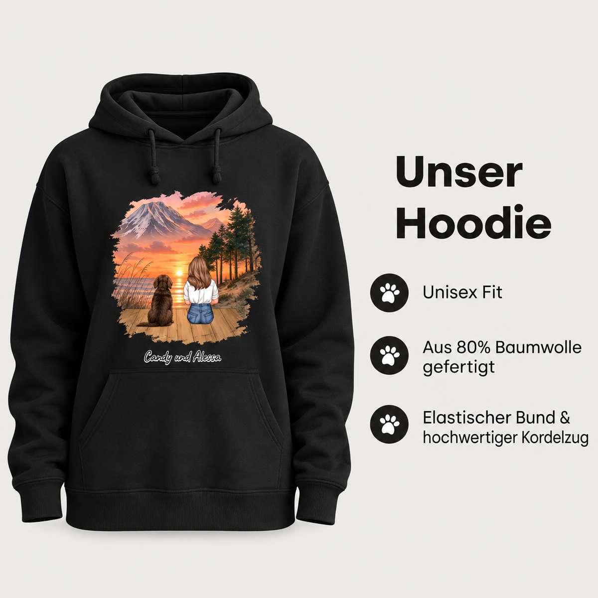 Sweat à capuche noir avec illustration personnalisée d'une personne et d'un chien devant des montagnes et un coucher de soleil.