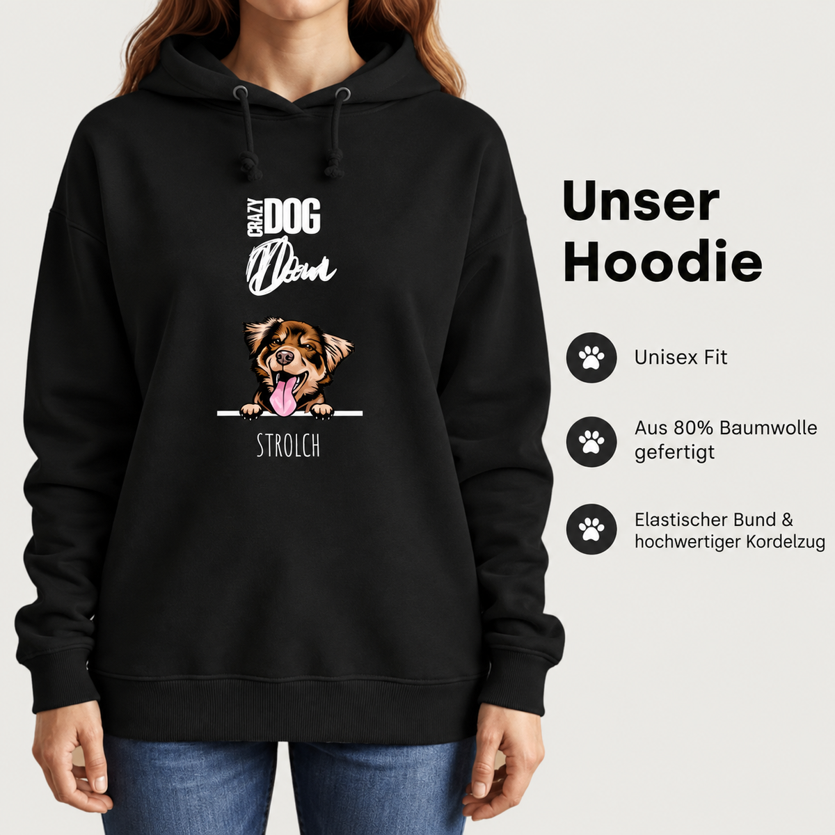 Zwarte hoodie voor huisdierouders met hondenmotief en spreuk, gemaakt van 80% katoen. Unisex pasvorm.