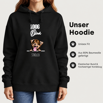 Zwarte hoodie voor huisdierouders met hondenmotief en spreuk, gemaakt van 80% katoen. Unisex pasvorm.