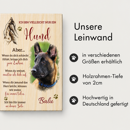 Gepersonaliseerd canvas met hondenmotief en tekst, houten frame, verschillende formaten verkrijgbaar.