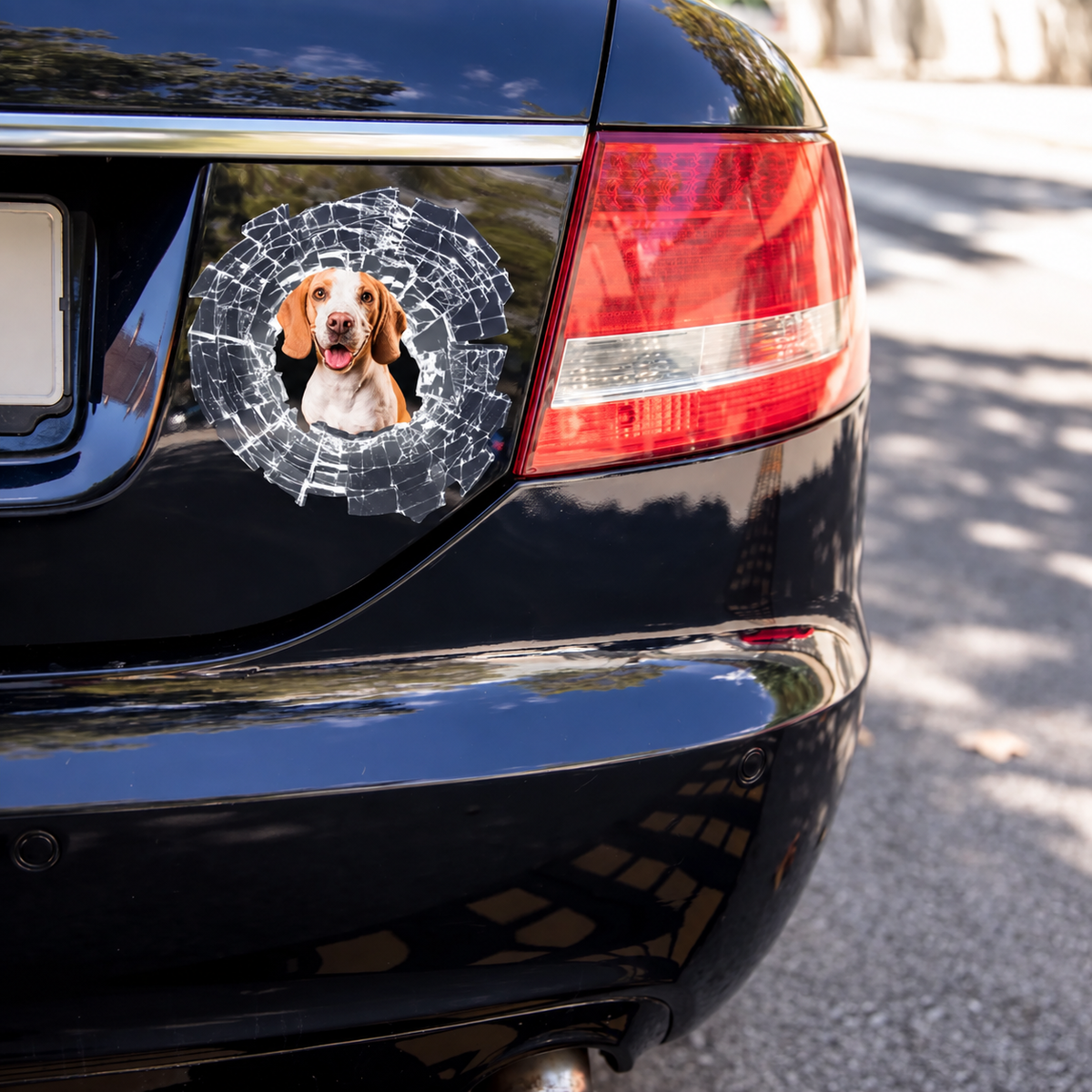 Autocollant de voiture avec la photo d'un chien, entourée d'un design éclats de verre sur carrosserie noire.