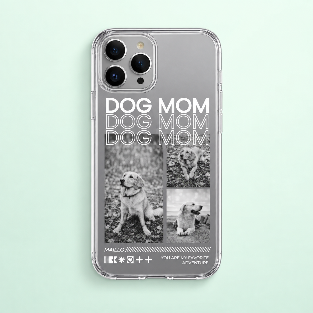 Gepersonaliseerd transparant telefoonhoesje met opdruk "Dog Mom" en zwart-witfoto's van honden.