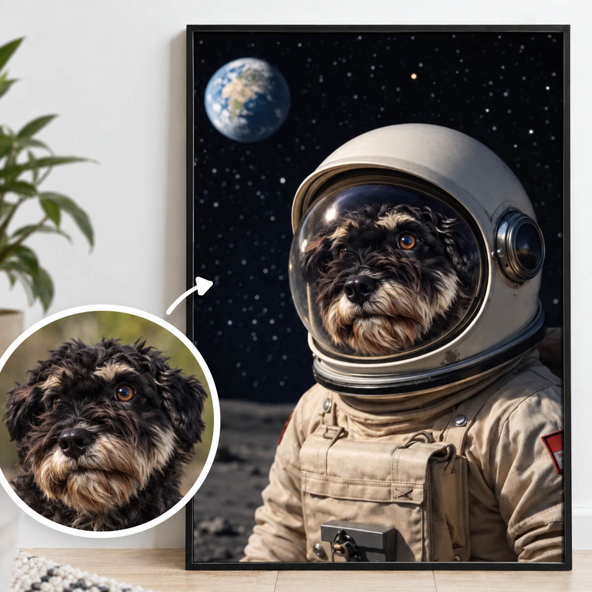 Gepersonaliseerde poster van een hond in astronautenpak tegen een planetaire achtergrond.